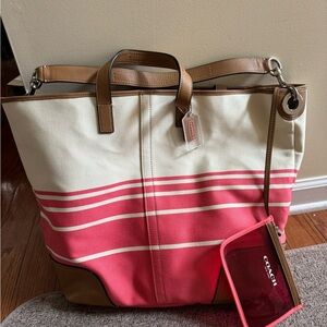 Coach Cream and Pink Striped Tote Bag